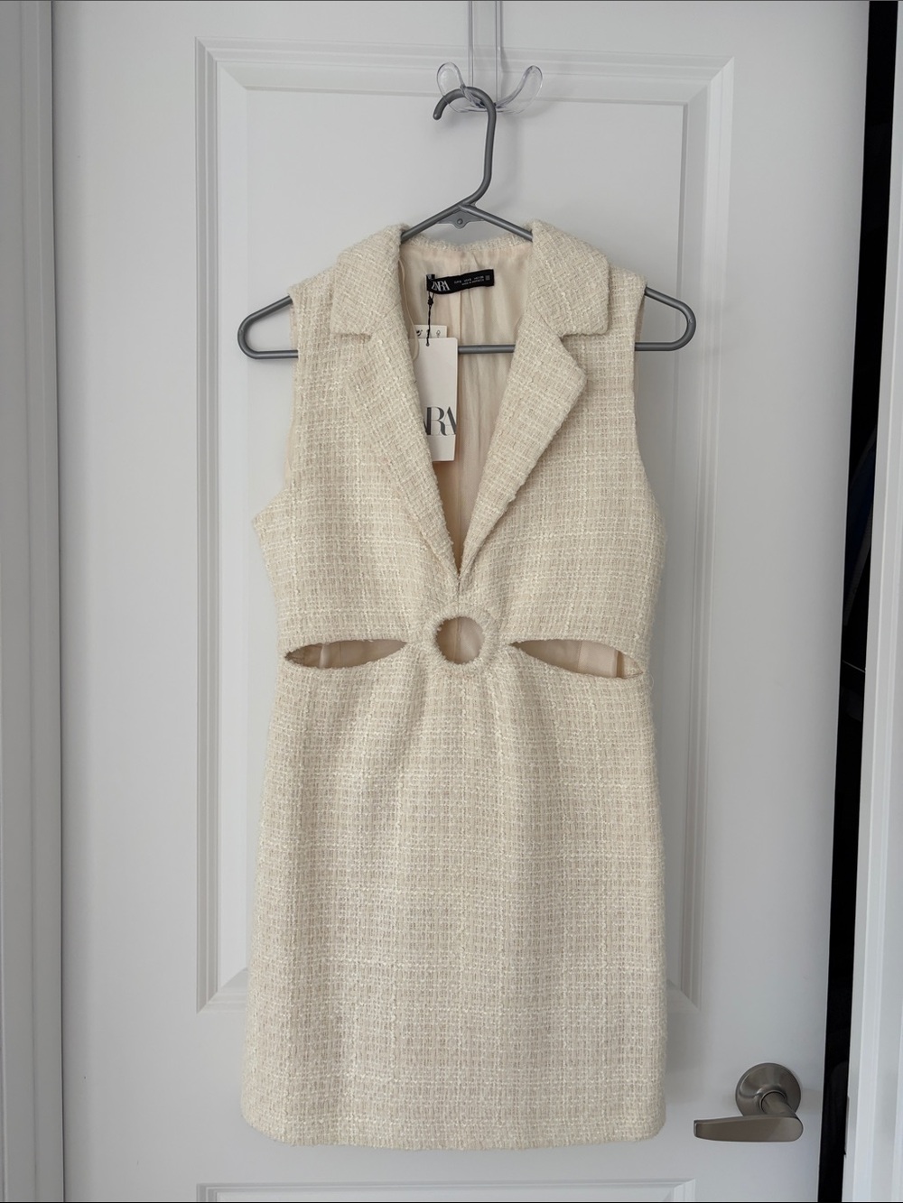 Zara Cream Sleeveless Tweed Mini Dress with Cutout Ring